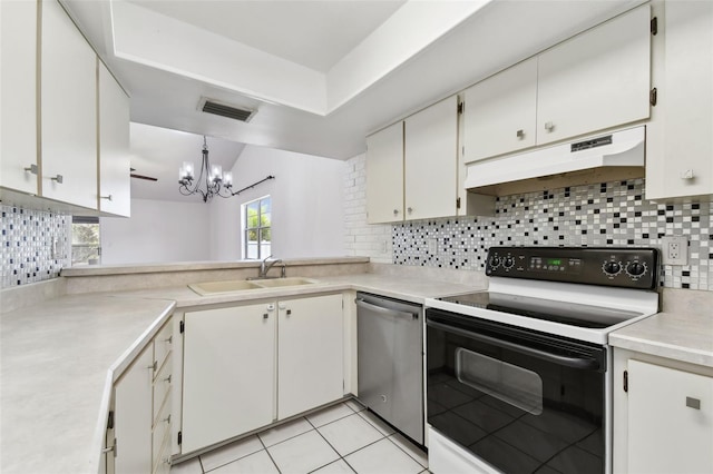 kitchen with stainless steel dishwasher, electric range, a notable chandelier, light countertops, and under cabinet range hood