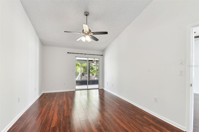 empty room with baseboards, wood finished floors, a textured ceiling, and ceiling fan