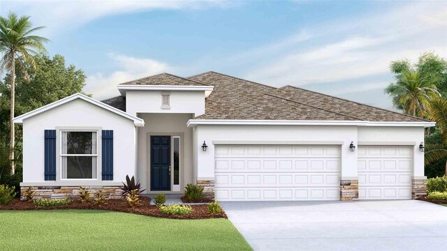 10725 Tippecanoe Pl, Parrish, FL 34219 - view of front of house featuring an attached garage, stone siding, concrete driveway, roof with shingles, and stucco siding