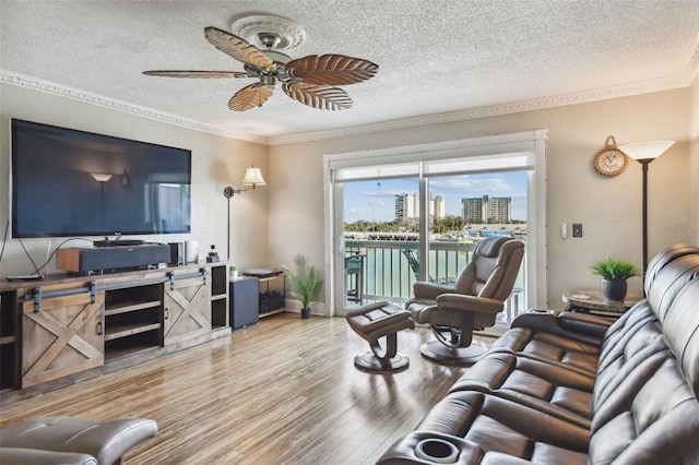 living room with a textured ceiling, light wood-type flooring, ceiling fan, and crown molding