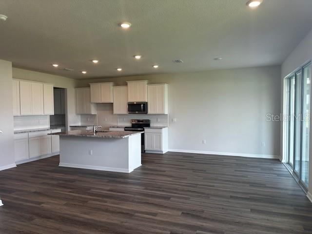 16025 7th Ave E, Bradenton, FL 34212 - kitchen with stainless steel appliances, baseboards, dark wood finished floors, an island with sink, and recessed lighting