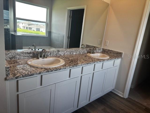 16025 7th Ave E, Bradenton, FL 34212 - full bathroom with double vanity, wood finished floors, and a bathtub