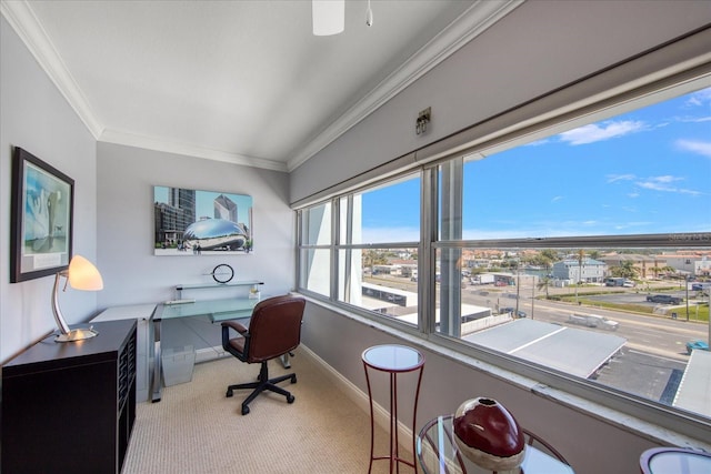 carpeted office featuring ornamental molding