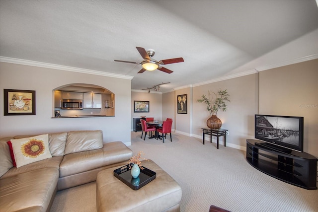 carpeted living room with ceiling fan and ornamental molding