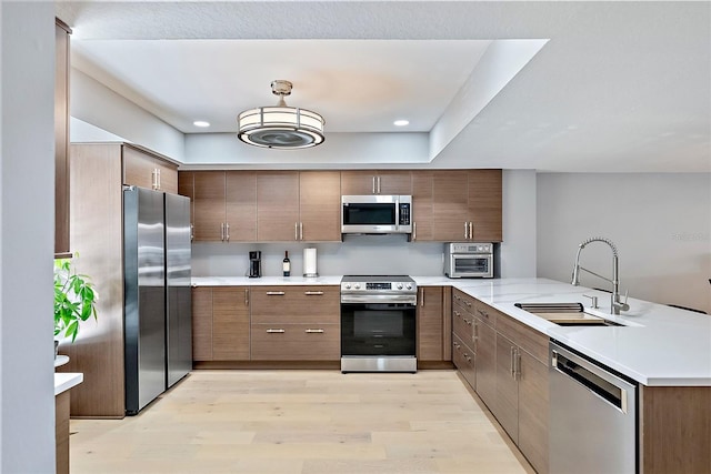 kitchen featuring sink, kitchen peninsula, stainless steel appliances, and light wood-type flooring