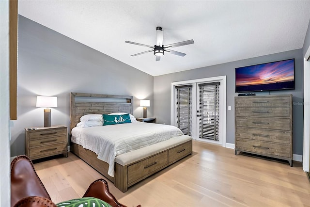 bedroom featuring access to exterior, ceiling fan, french doors, and light wood-type flooring