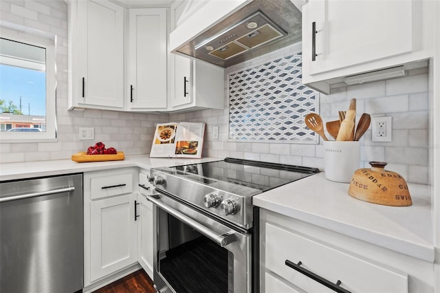 kitchen featuring tasteful backsplash, custom exhaust hood, stainless steel appliances, dark hardwood / wood-style floors, and white cabinetry