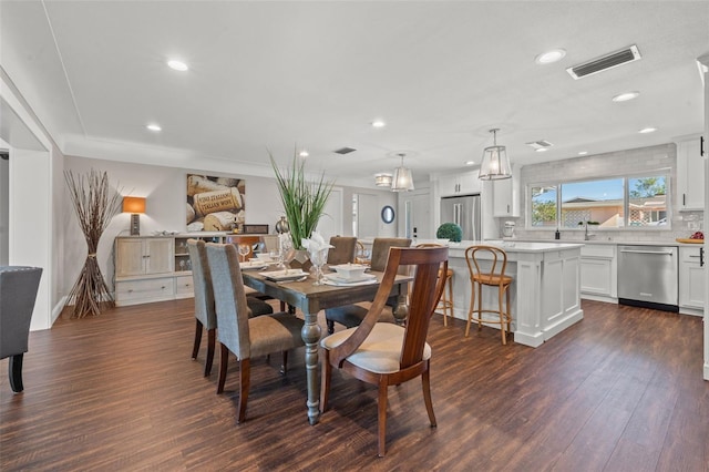 dining space with sink and dark hardwood / wood-style floors