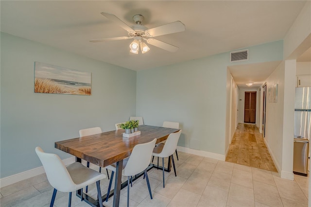 dining room featuring ceiling fan and light hardwood / wood-style floors