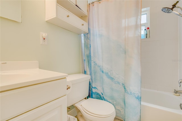 full bathroom featuring vanity, toilet, and shower / tub combo with curtain