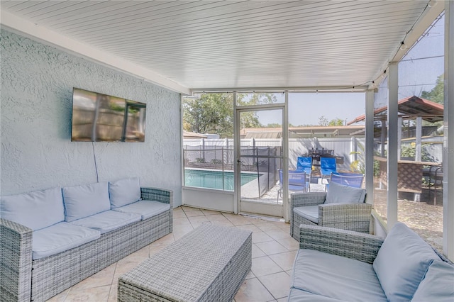 sunroom with wood ceiling