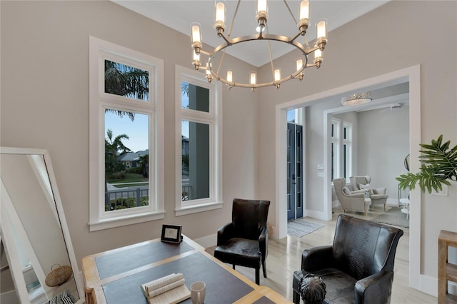5713 Tybee Island Dr, Apollo Beach, FL 33572 - home office with a chandelier and baseboards