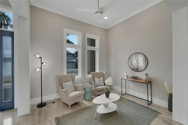 living area featuring ceiling fan, light wood-type flooring, and crown molding