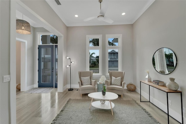 5713 Tybee Island Dr, Apollo Beach, FL 33572 - sitting room with healthy amount of natural light, ceiling fan, baseboards, recessed lighting, and wood finished floors