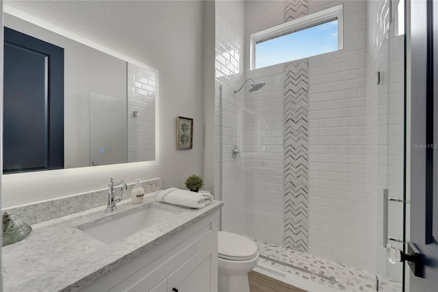 bathroom with a tile shower, vanity, and toilet