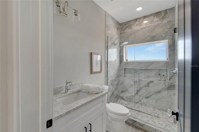 bathroom with vanity, toilet, and a shower with shower door