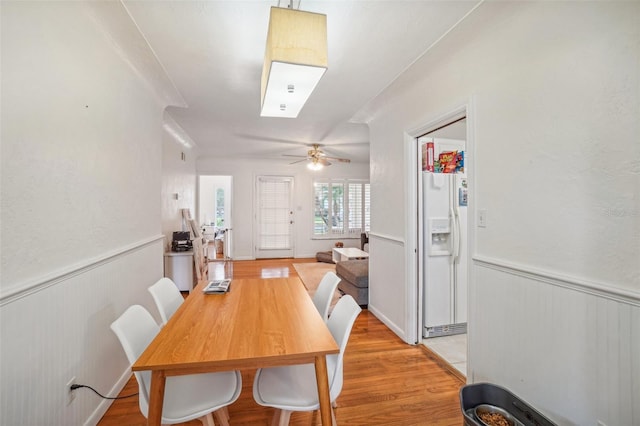 dining room featuring ceiling fan and light hardwood / wood-style flooring