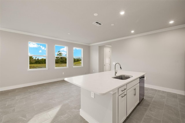 kitchen with white cabinetry, dishwasher, sink, a kitchen island with sink, and crown molding