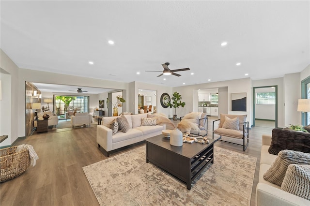 living room featuring hardwood / wood-style flooring and ceiling fan