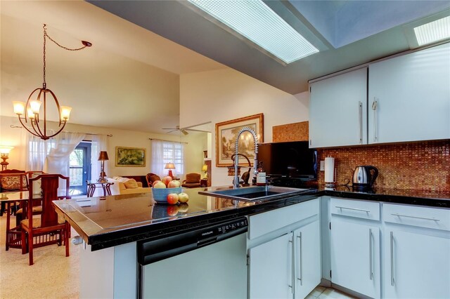 kitchen featuring white cabinetry, dishwasher, sink, hanging light fixtures, and kitchen peninsula