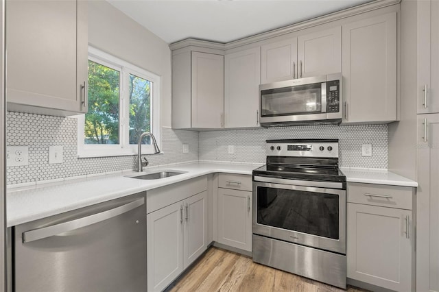 kitchen featuring decorative backsplash, sink, stainless steel appliances, and light hardwood / wood-style flooring