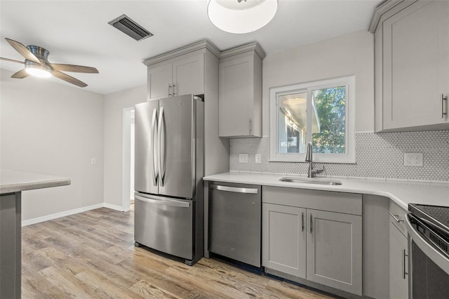 kitchen with sink, stainless steel appliances, backsplash, gray cabinets, and light wood-type flooring