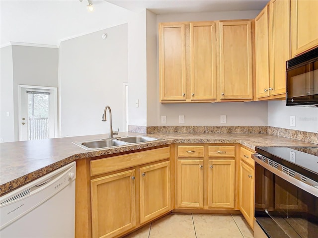 kitchen featuring white dishwasher, crown molding, sink, light tile patterned floors, and stainless steel range with electric cooktop