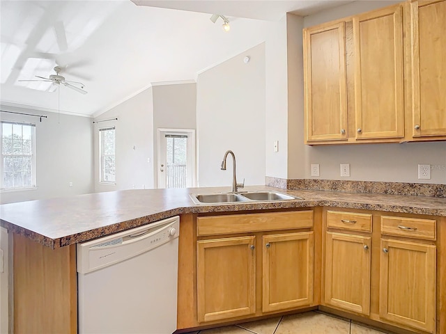 kitchen with white dishwasher, kitchen peninsula, sink, and a wealth of natural light