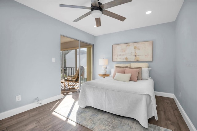 bedroom featuring access to exterior, dark hardwood / wood-style flooring, and ceiling fan