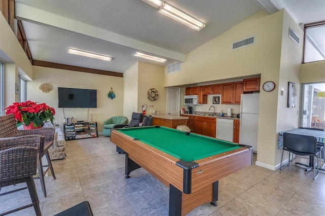 playroom featuring sink, light tile patterned floors, high vaulted ceiling, and pool table