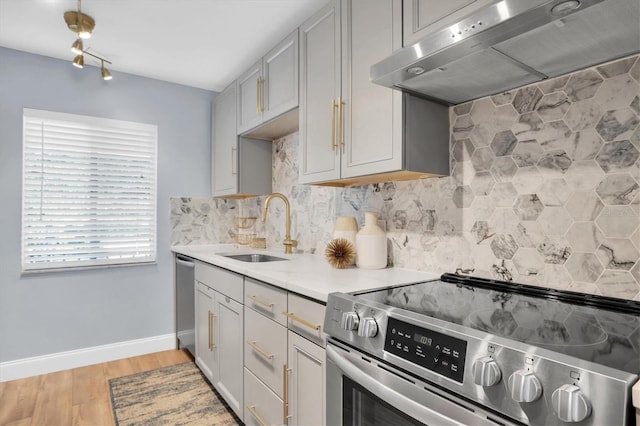 kitchen with ventilation hood, a sink, stainless steel appliances, light wood-type flooring, and backsplash