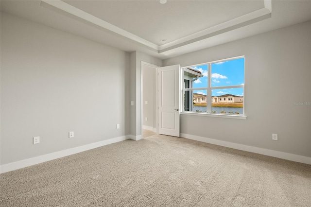 carpeted spare room featuring a raised ceiling