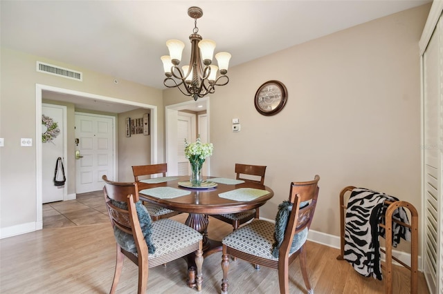 dining room with hardwood / wood-style flooring and a chandelier