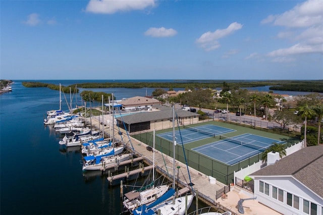 aerial view featuring a water view