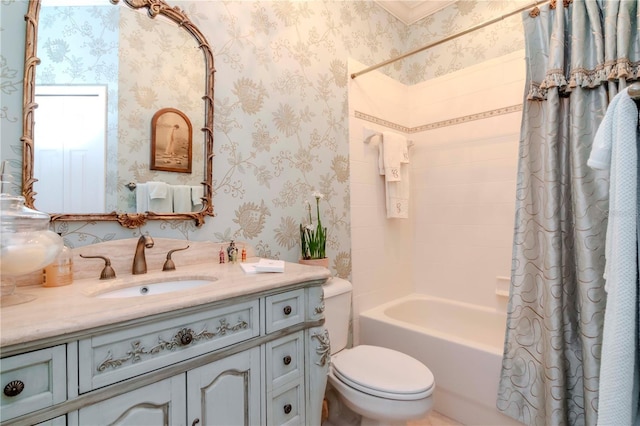 full bathroom with vanity, toilet, and shower / bathtub combination with curtain