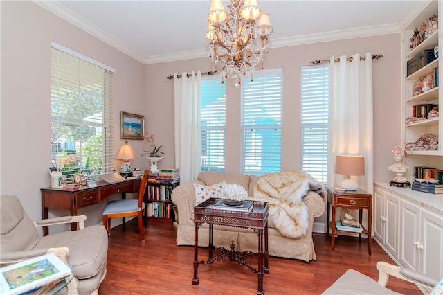 5314 Golden Isles Dr, Apollo Beach, FL 33572 - living room with a chandelier, wood finished floors, and crown molding