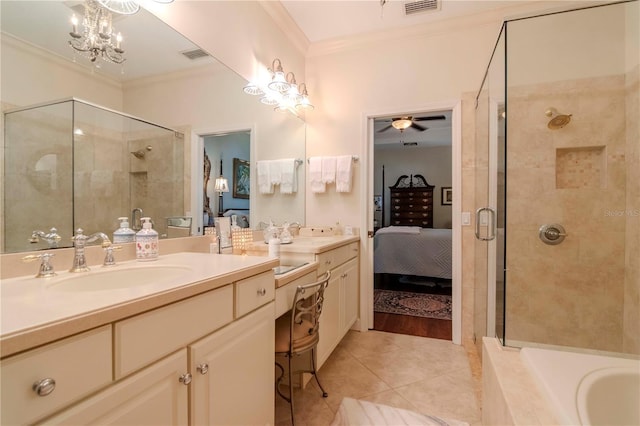 bathroom featuring tile patterned floors, shower with separate bathtub, vanity, ceiling fan with notable chandelier, and ornamental molding