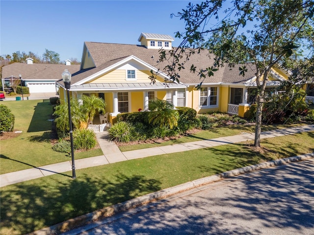 view of front of house with a front lawn, covered porch, and a garage