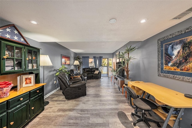 living room with a textured ceiling and light hardwood / wood-style flooring