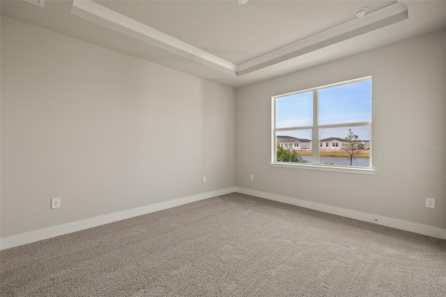 carpeted spare room with a water view and a tray ceiling