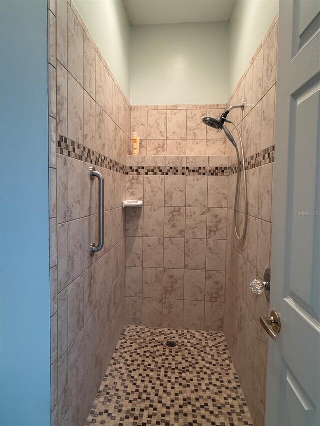 bathroom with a shower with shower door