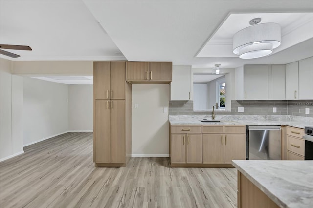 kitchen with ceiling fan, sink, light hardwood / wood-style flooring, stainless steel dishwasher, and decorative backsplash