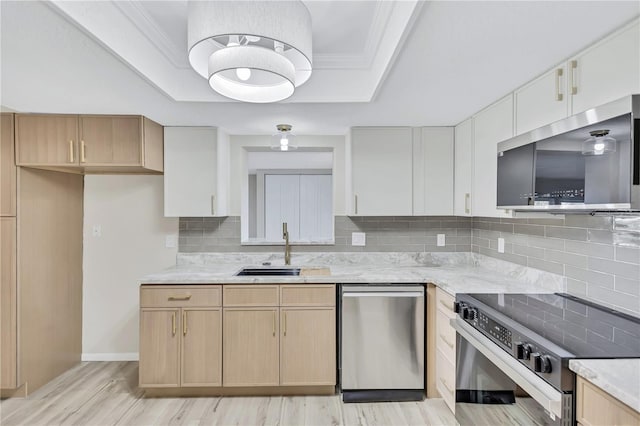 kitchen with a tray ceiling, sink, stainless steel appliances, and light wood-type flooring