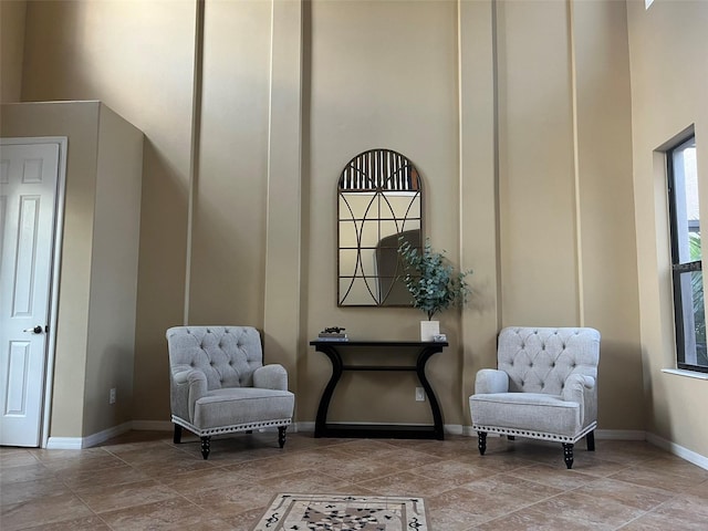 living area with a towering ceiling