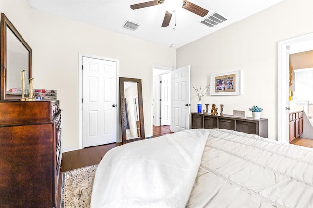 bedroom featuring ensuite bathroom, ceiling fan, and light hardwood / wood-style floors