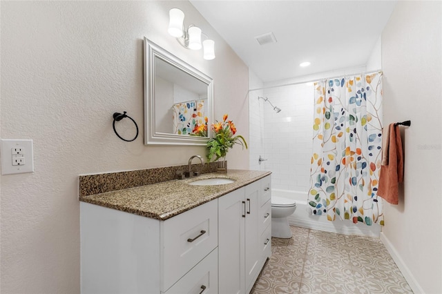 full bathroom with shower / bathtub combination with curtain, vanity, toilet, visible vents, and tile patterned flooring