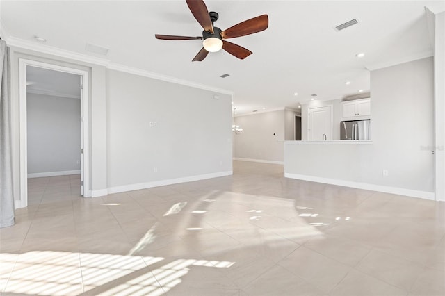 unfurnished living room featuring light tile patterned floors, ceiling fan, and ornamental molding