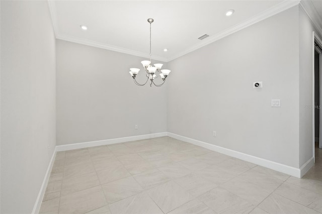 unfurnished room with crown molding and a notable chandelier