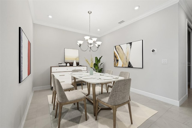 tiled dining area with a notable chandelier and ornamental molding