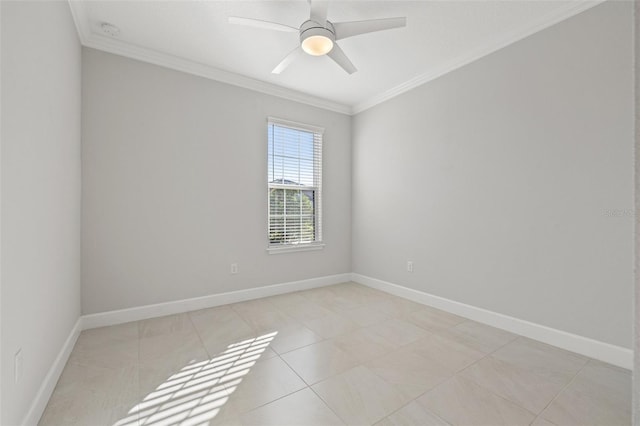 spare room featuring ceiling fan, ornamental molding, and light tile patterned floors